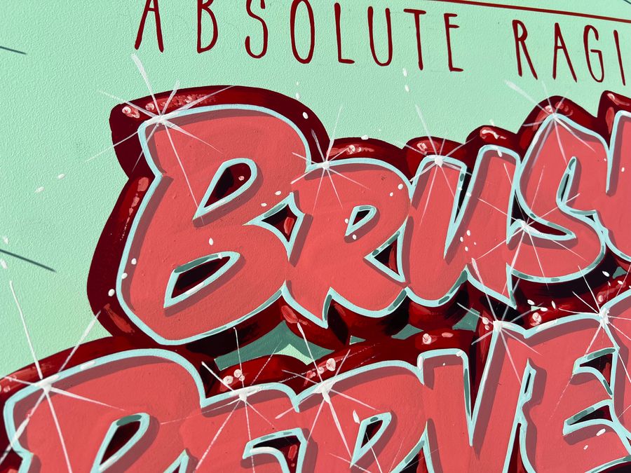 Bold red brush lettering outlined and shaded on a mint green panel